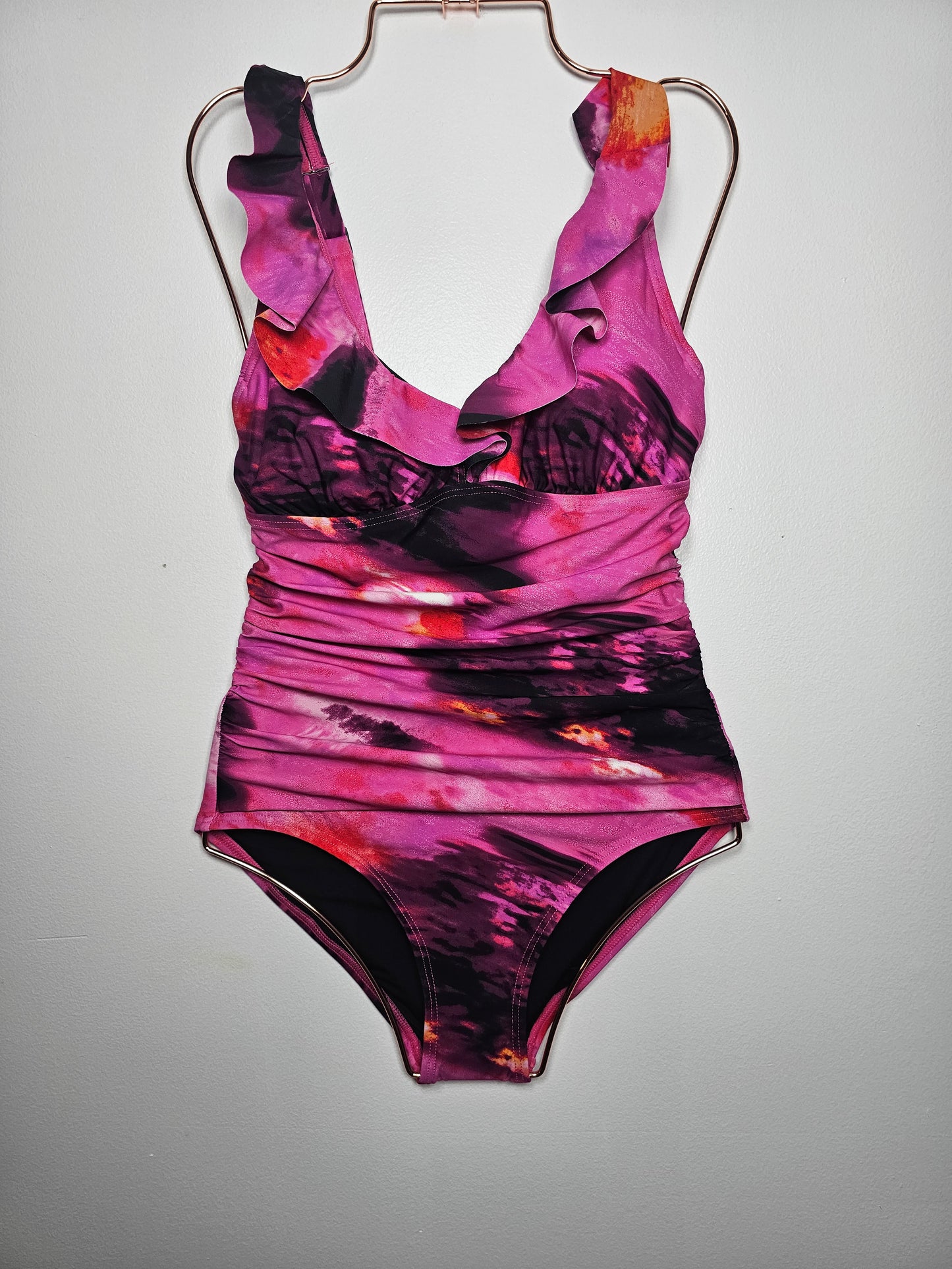 DKNY Women's Ruffle Neck One-Piece Pink Multi Small New without Tags