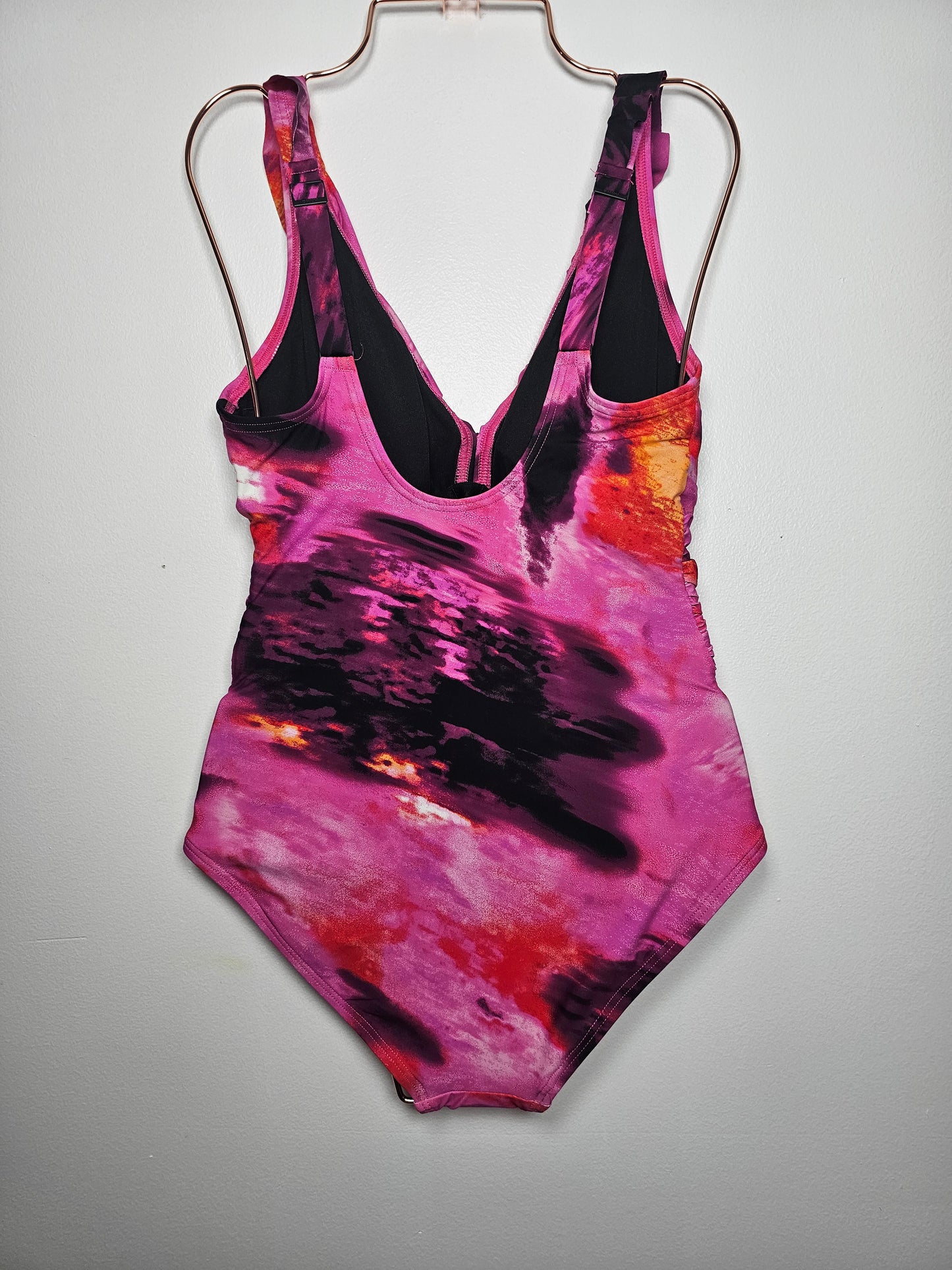 DKNY Women's Ruffle Neck One-Piece Pink Multi Small New without Tags