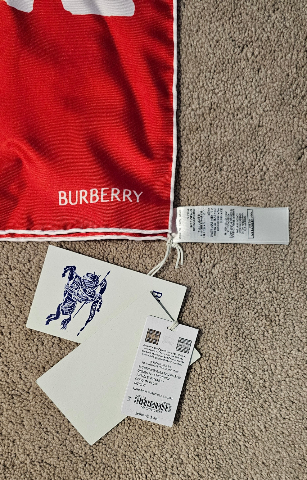 $490 New Burberry Split Horse Scarf 100% Silk Size 90x90 cm
