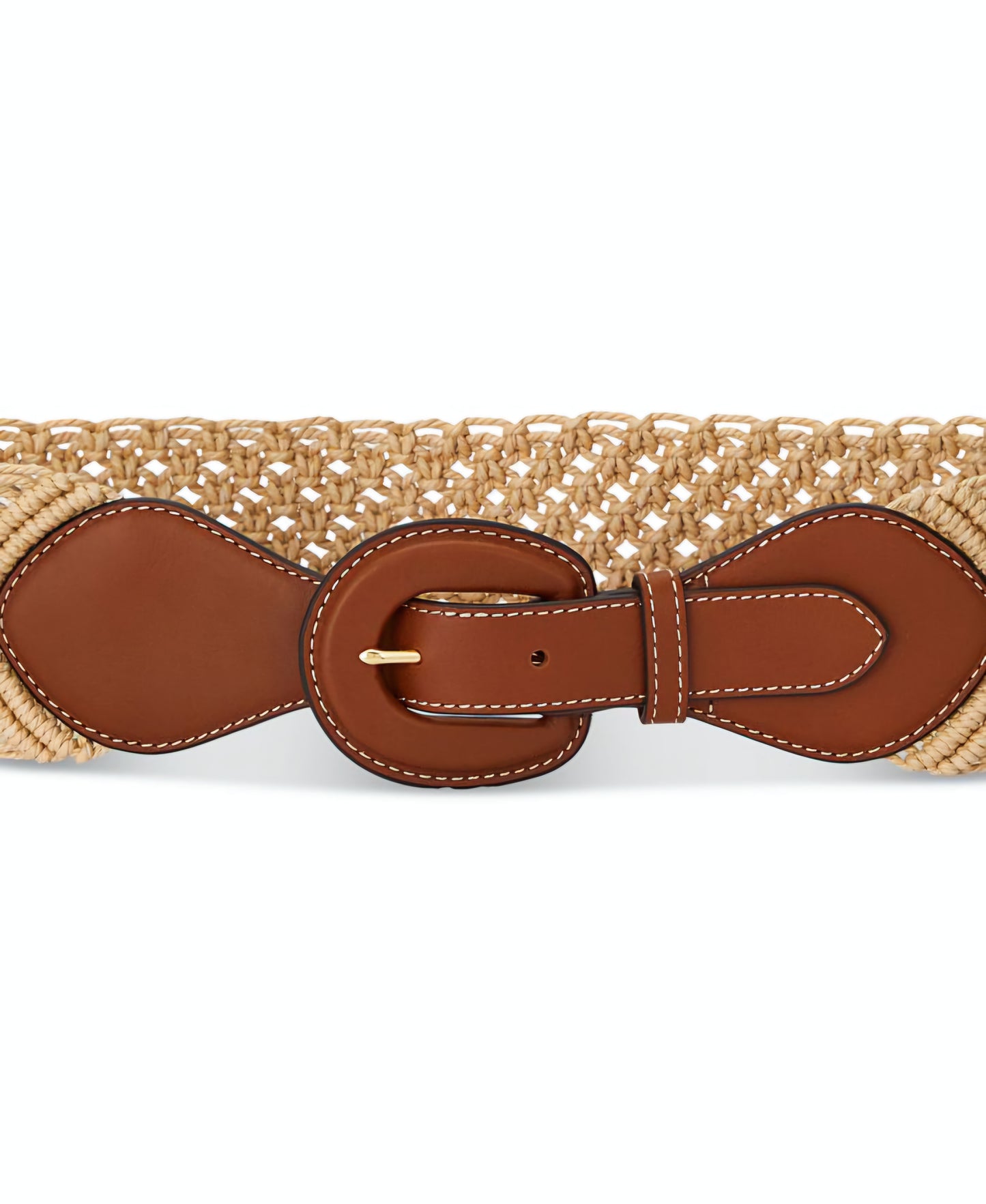 Lauren Ralph Lauren Leather-Trim Corded Macramé Wide Belt – Natural Tan – Size S