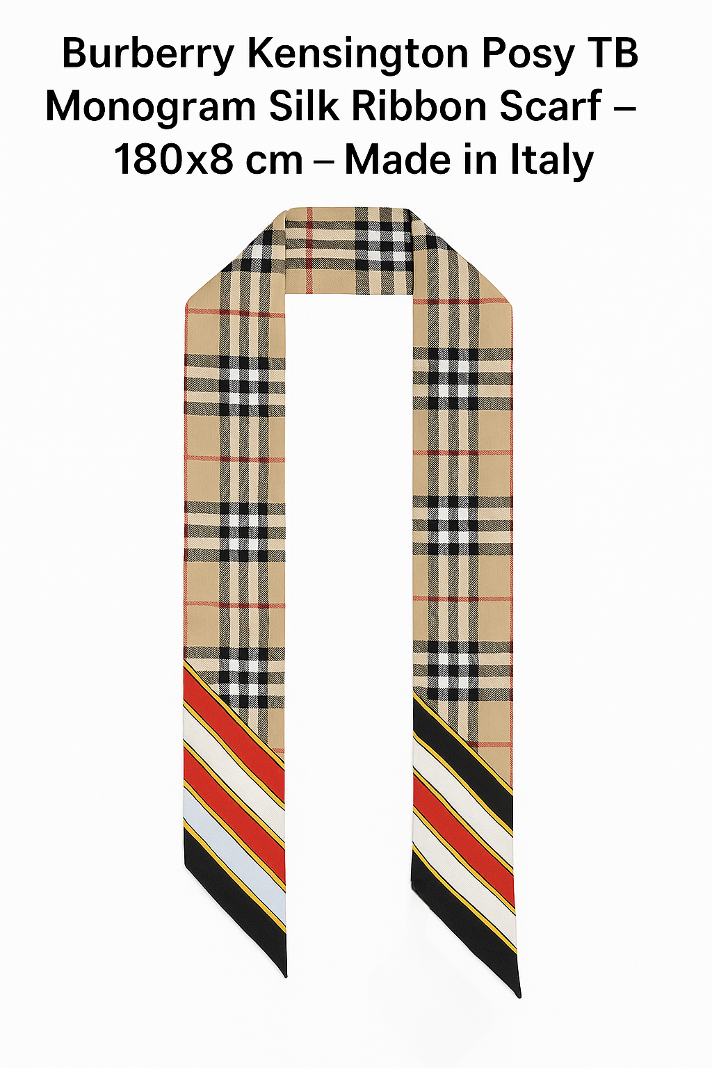 Burberry Kensington Posy TB Monogram Silk Ribbon Scarf – 180x8 cm – Made in Italy