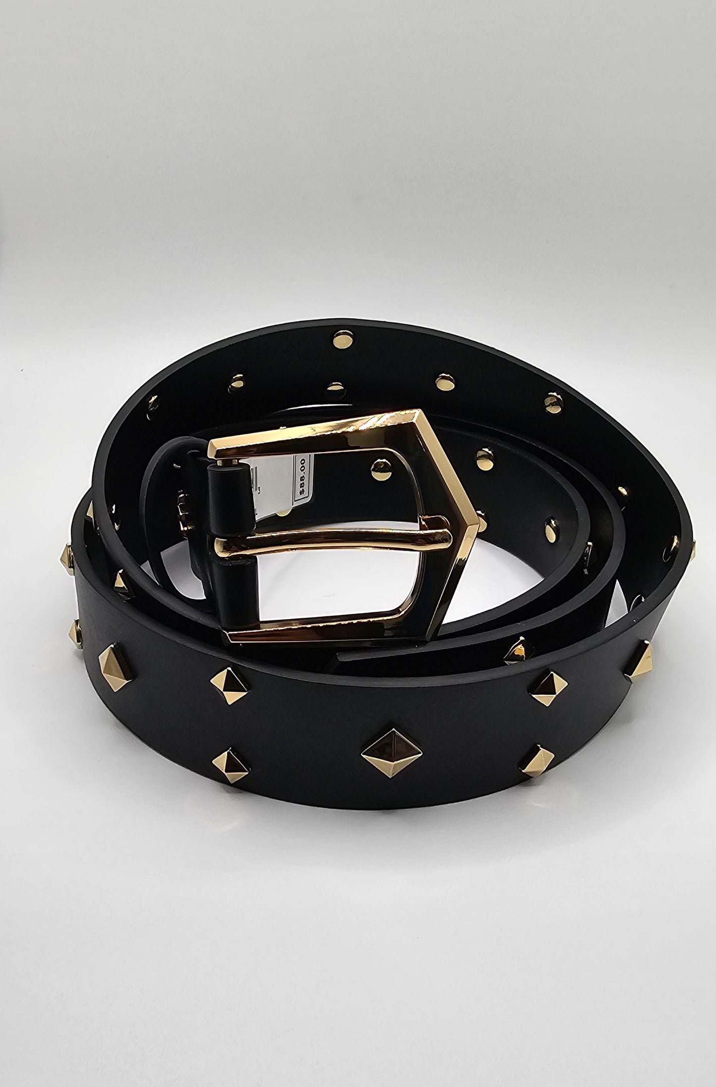 Michael Kors Women's Black Leather Studded Logo Belt – Gold Buckle – Size XL