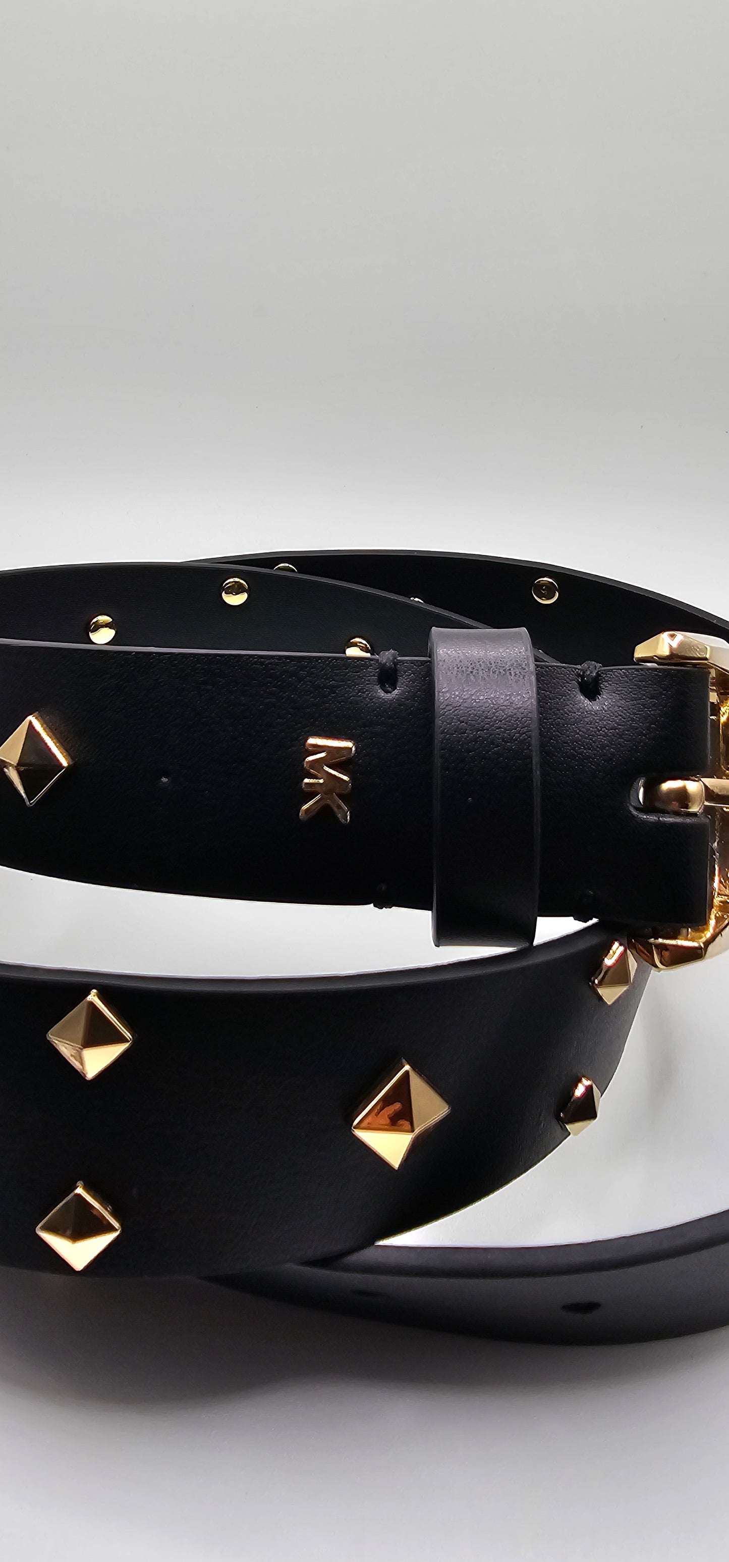 Michael Kors Women's Black Leather Studded Logo Belt – Gold Buckle – Size XL