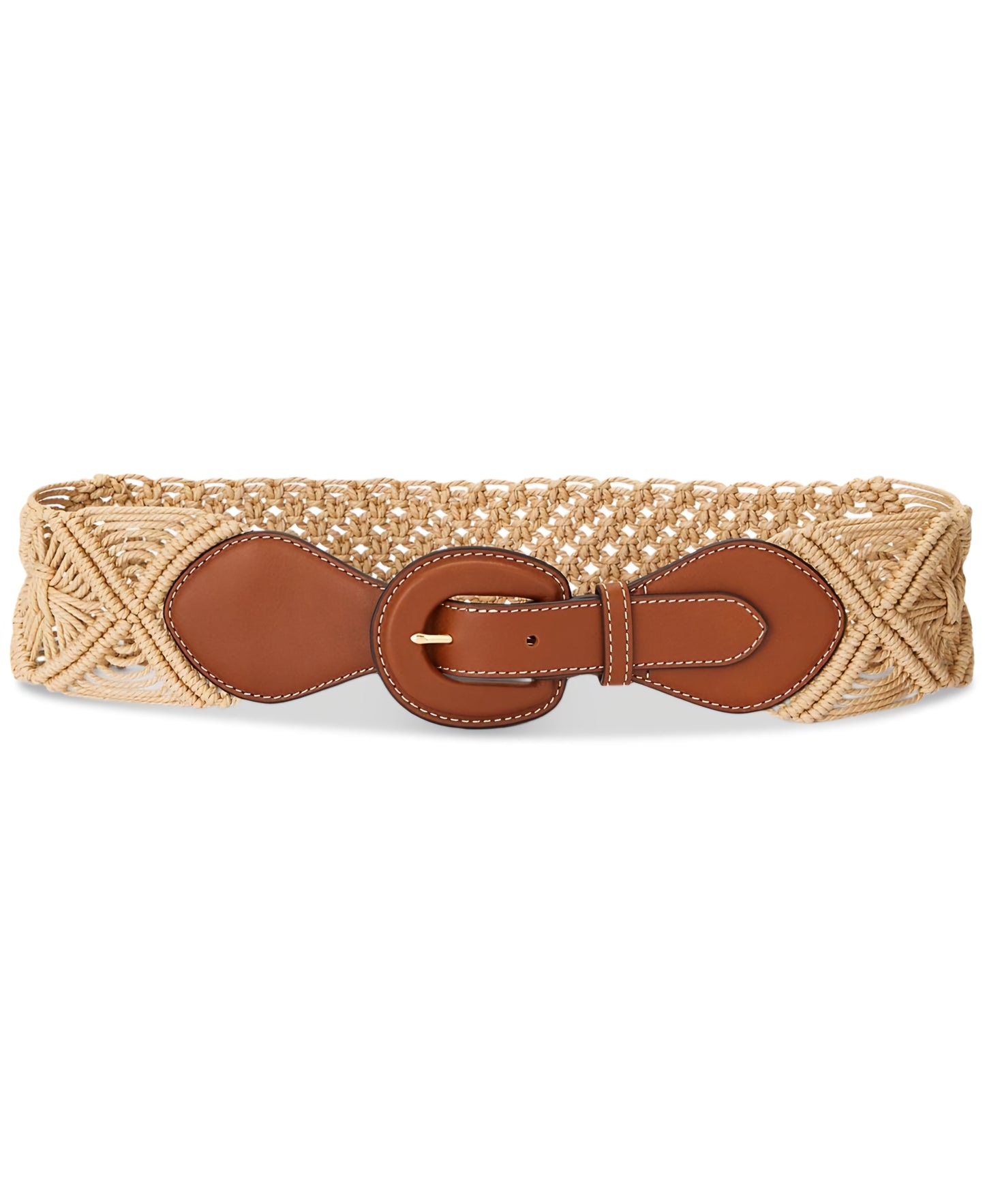 Lauren Ralph Lauren Leather-Trim Corded Macramé Wide Belt – Natural Tan – Size S