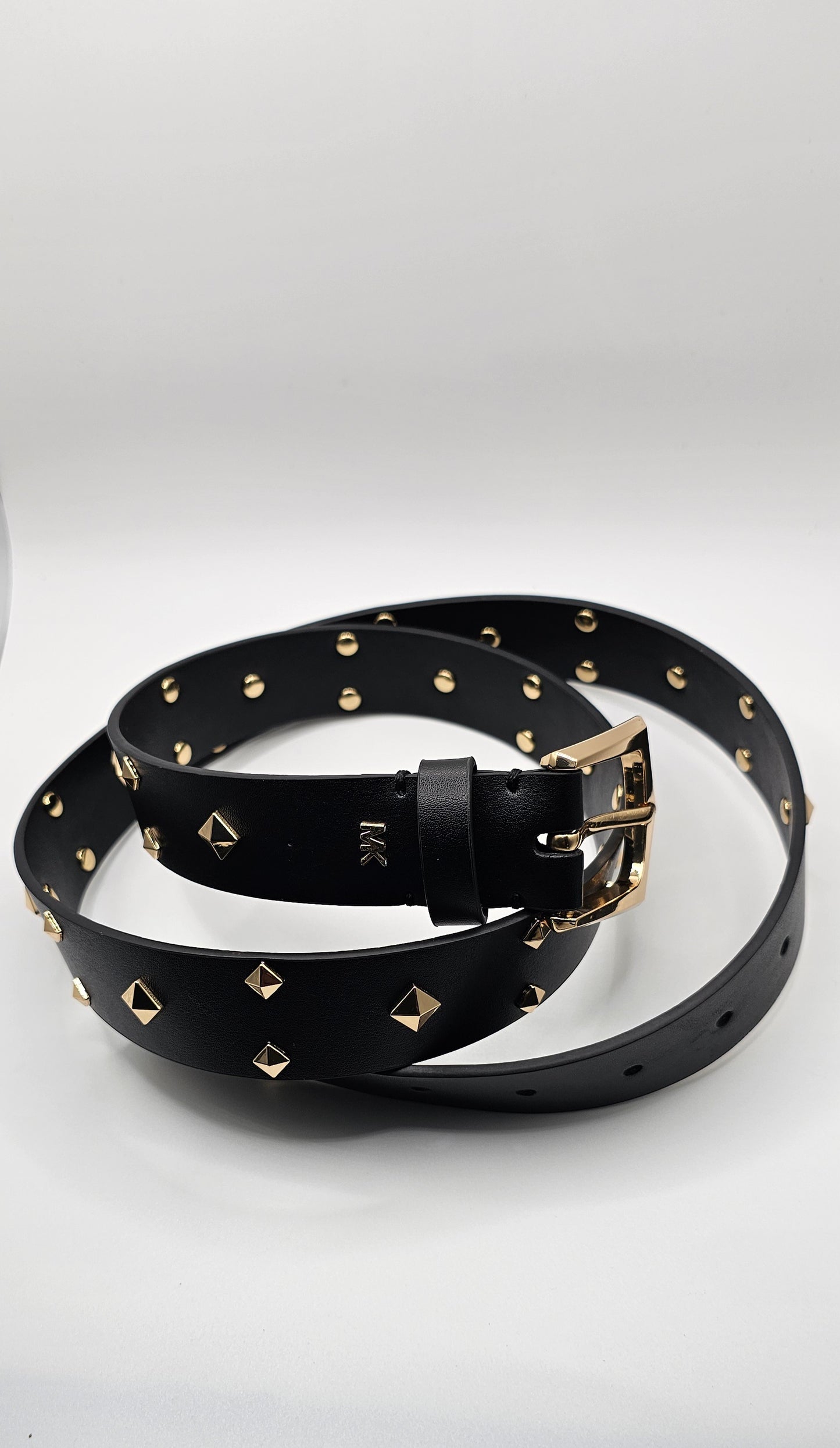 Michael Kors Women's Black Leather Studded Logo Belt – Gold Buckle – Size XL