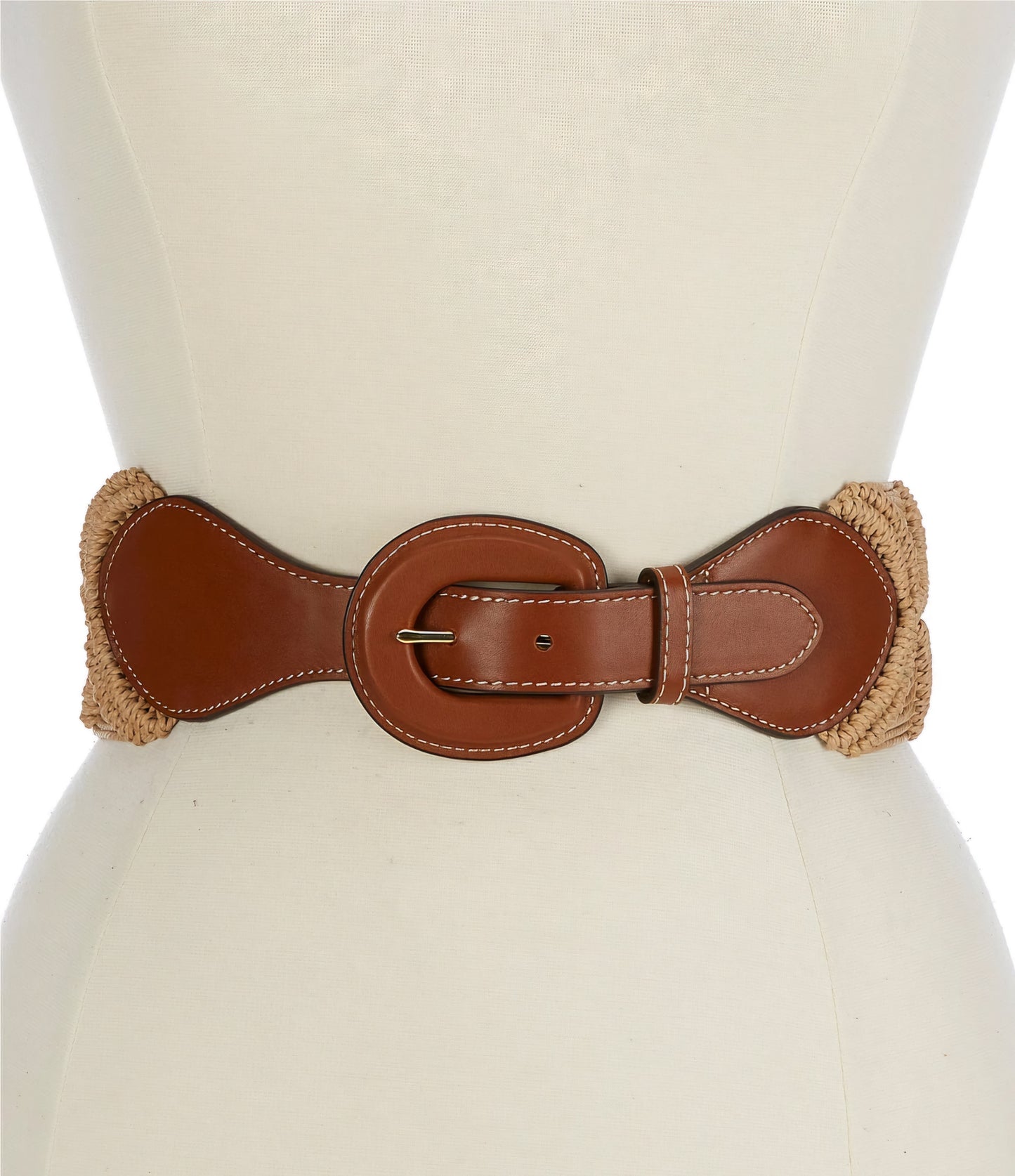 Lauren Ralph Lauren Leather-Trim Corded Macramé Wide Belt – Natural Tan – Size S