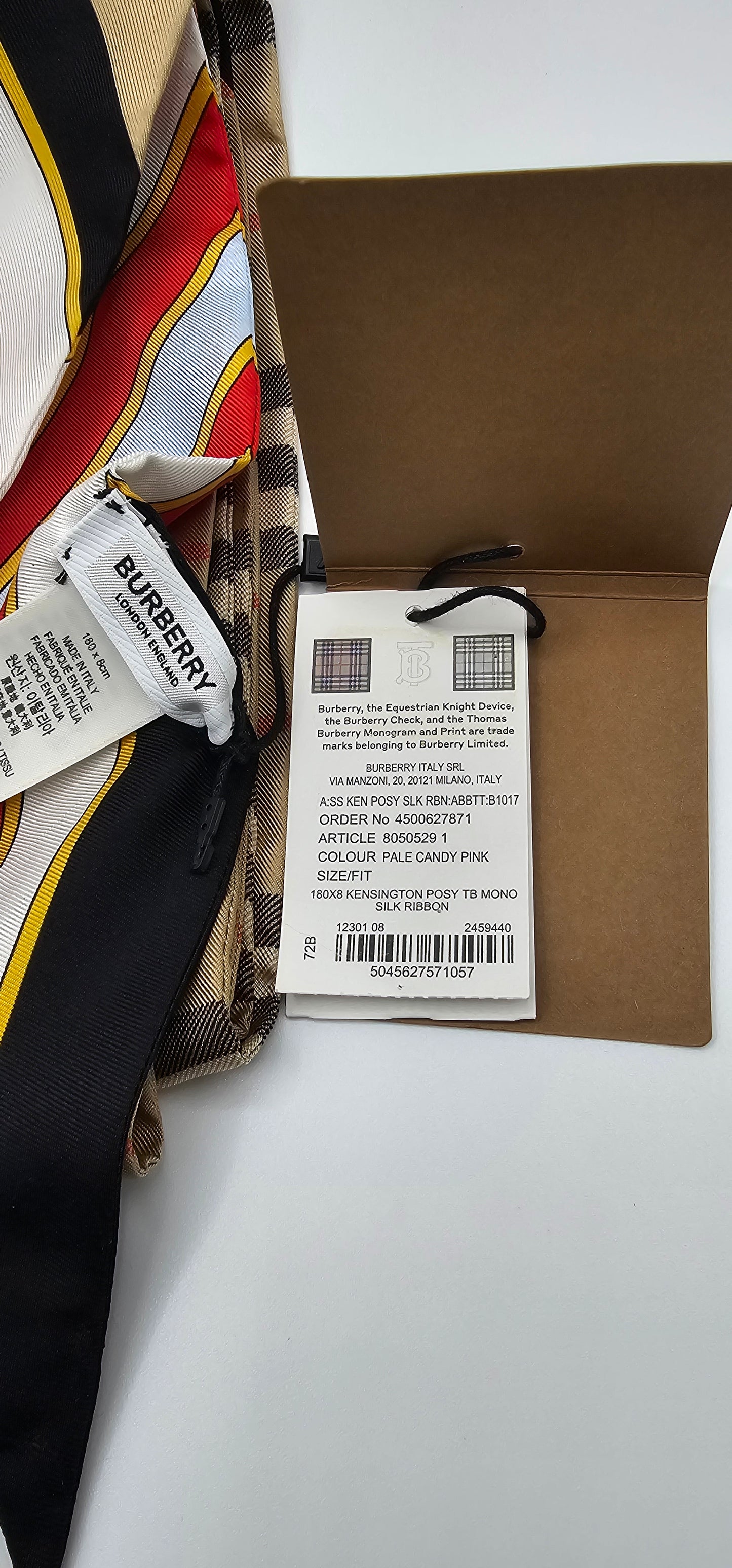 Burberry Kensington Posy TB Monogram Silk Ribbon Scarf – 180x8 cm – Made in Italy