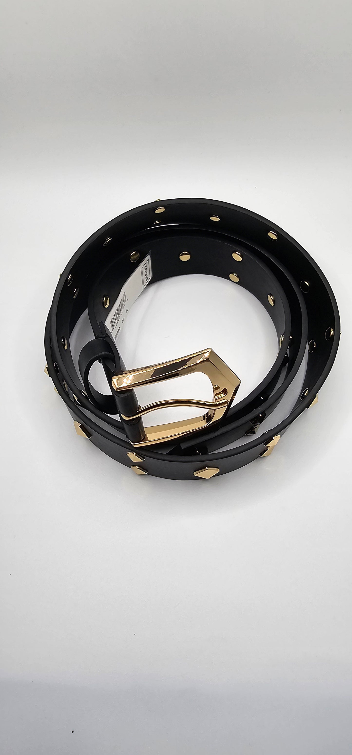 Michael Kors Women's Black Leather Studded Logo Belt – Gold Buckle – Size XL