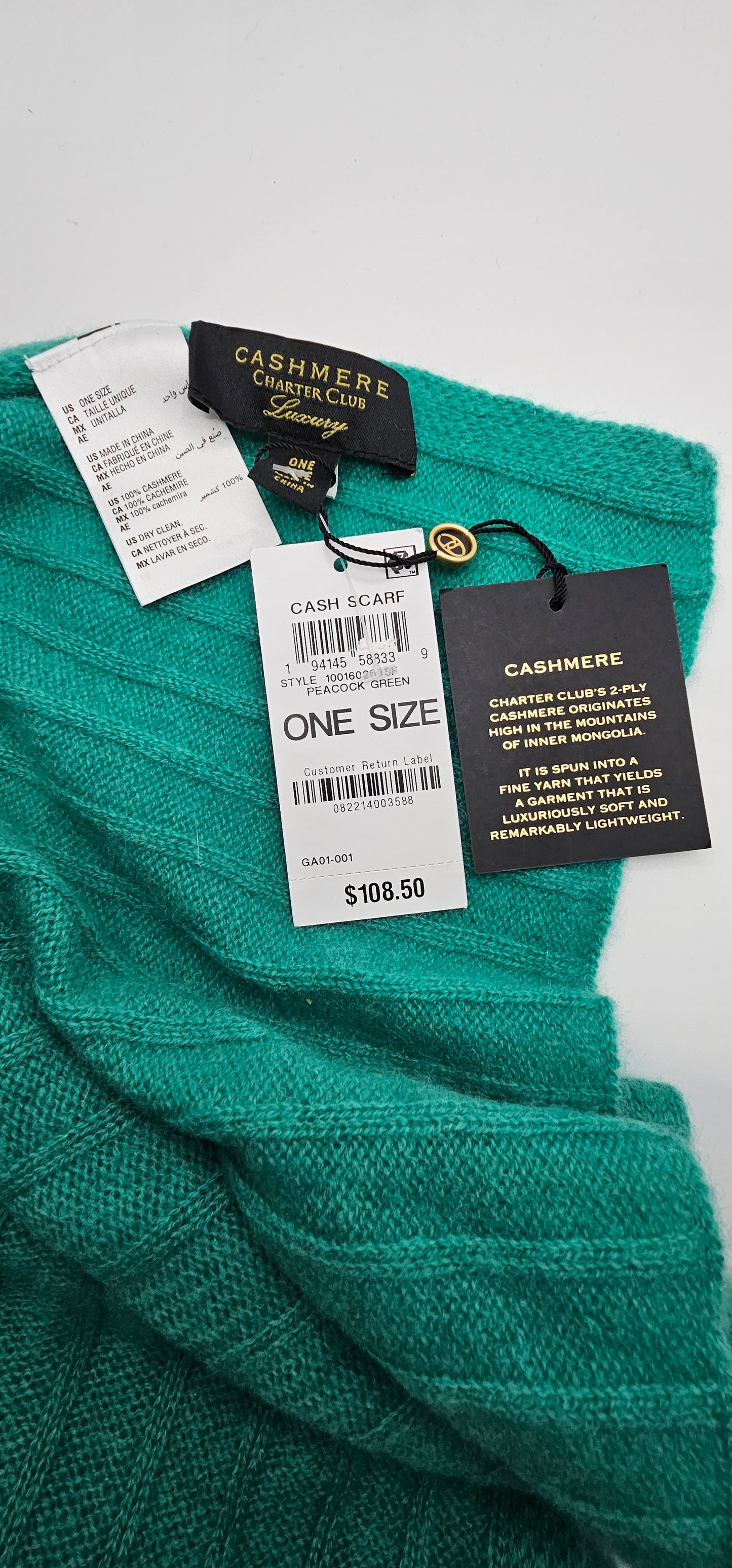 Charter Club 100% Cashmere Women Peacock Green Scarf ONE-SIZE