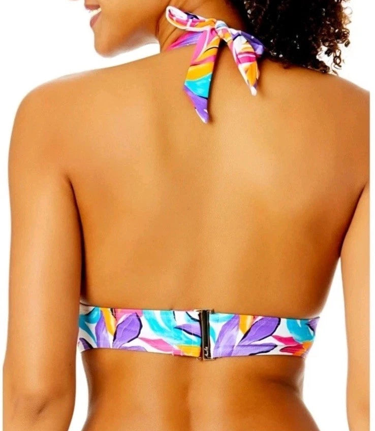 Anne Cole Women's Marylin Printed Halter Bikini Top – White Multi Leaf | Sizes S, M, L