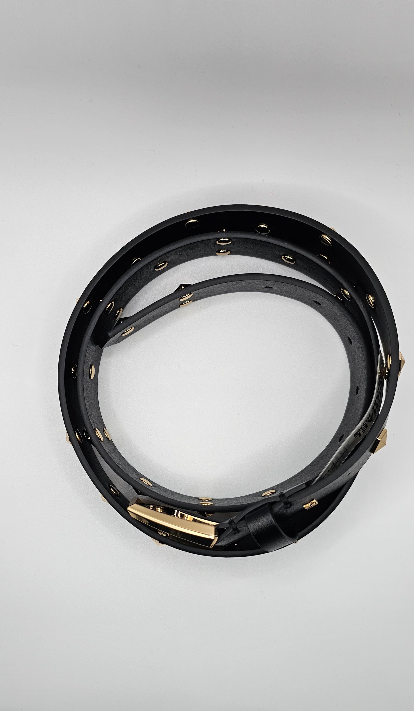 Michael Kors Women's Black Leather Studded Logo Belt – Gold Buckle – Size XL