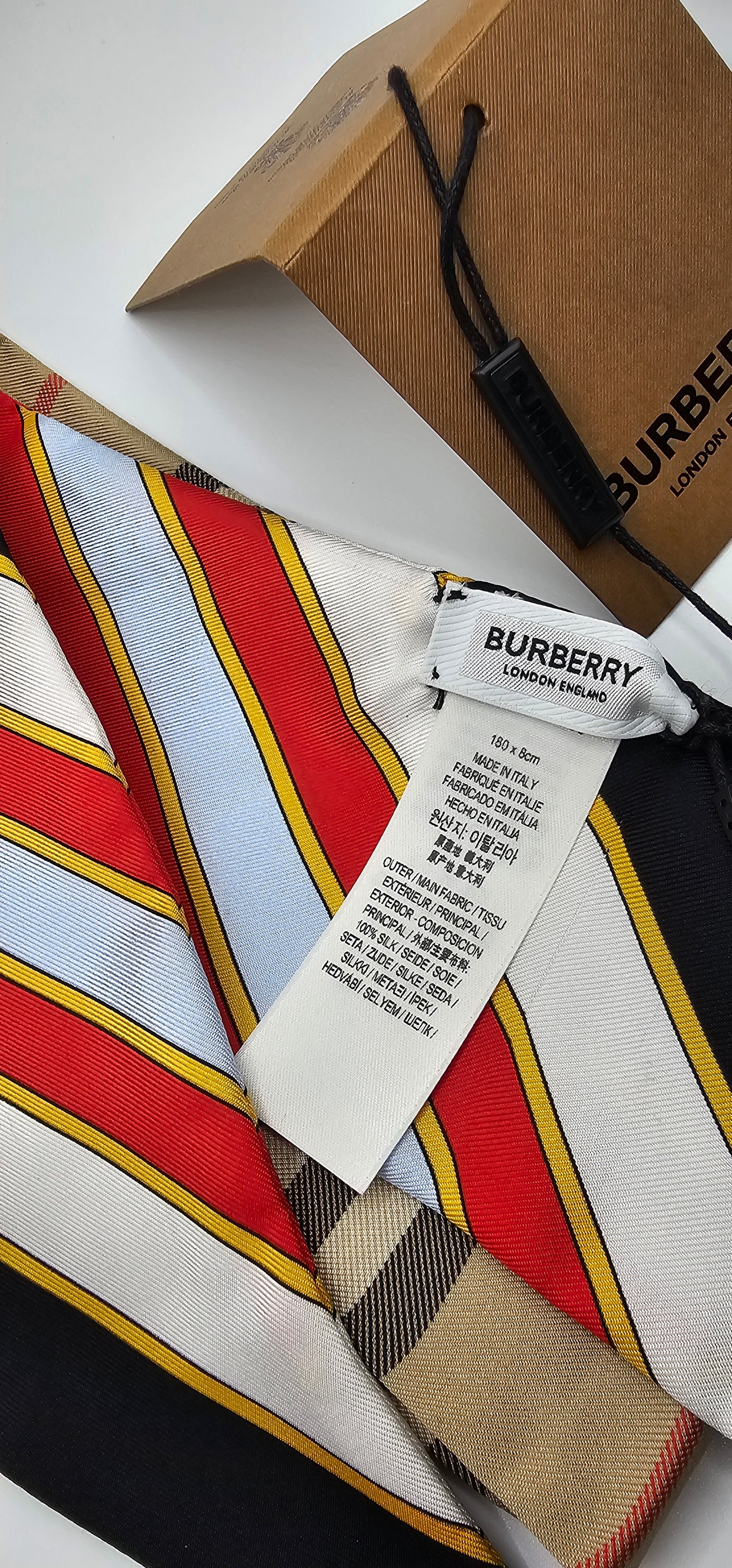 Burberry Kensington Posy TB Monogram Silk Ribbon Scarf – 180x8 cm – Made in Italy