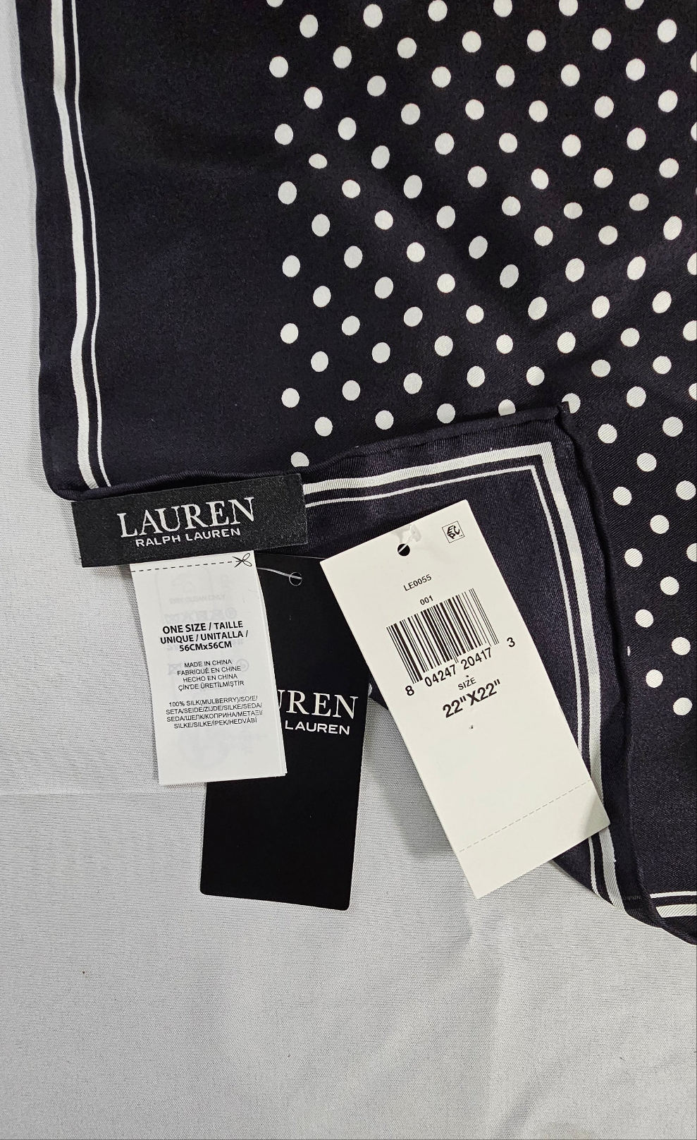 100% SILK Lauren Ralph Lauren Polka Dot Print Women Scarf Square 22″ X 22″ NEW