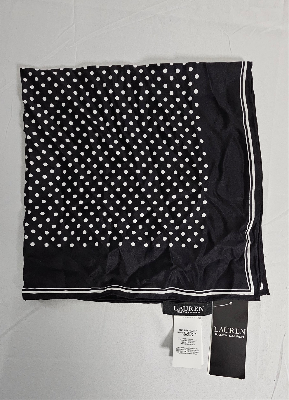 100% SILK Lauren Ralph Lauren Polka Dot Print Women Scarf Square 22″ X 22″ NEW