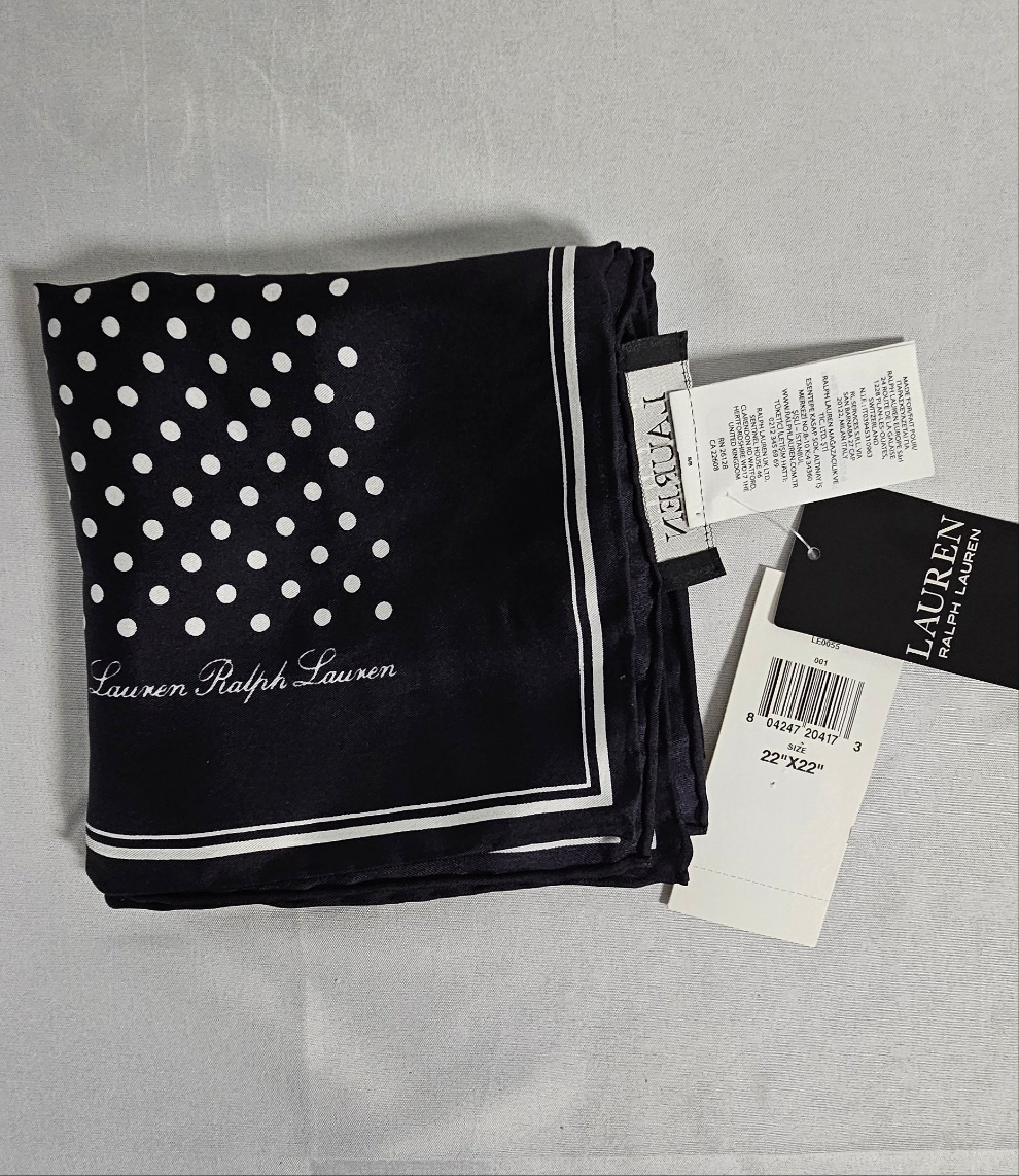 100% SILK Lauren Ralph Lauren Polka Dot Print Women Scarf Square 22″ X 22″ NEW