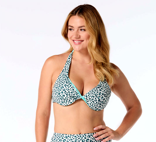 Coco Reef Women’s Verso Reversible Bra-Sized Halter Swim Top–Leopard/Aqua – NWT