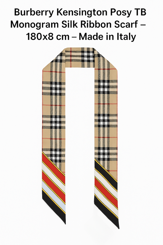 Burberry Kensington Posy TB Monogram Silk Ribbon Scarf – 180x8 cm – Made in Italy