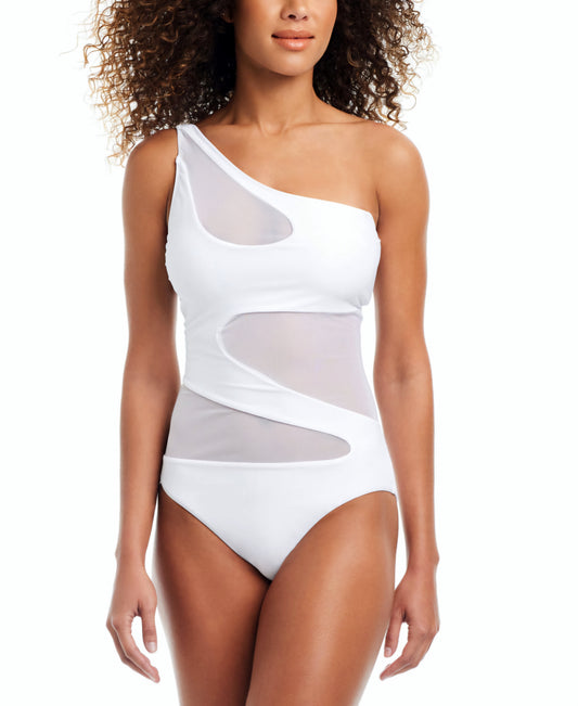 Bar III Womens One-Shoulder Mesh Cutout White L