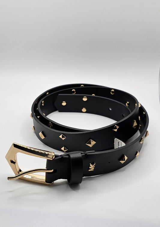 Michael Kors Women's Black Leather Studded Logo Belt – Gold Buckle – Size XL