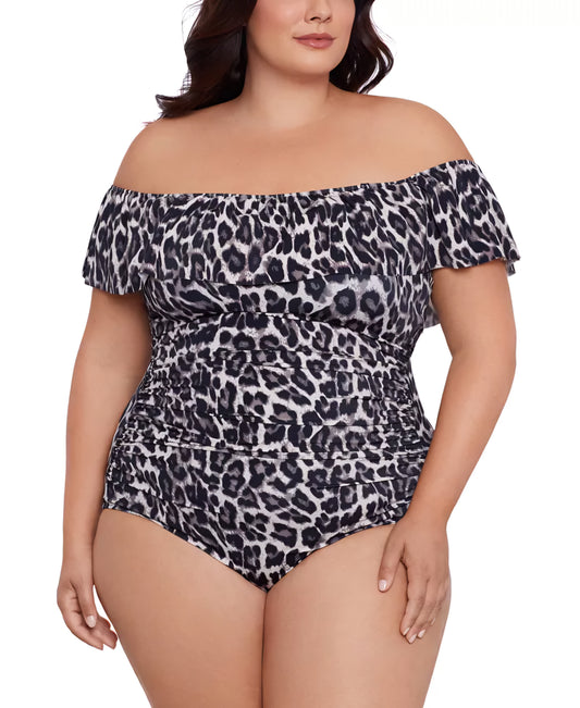 Swim Solutions Plus Size Cheetah-Print Off-Shoulder One-Piece Swimsuit – Size 20W