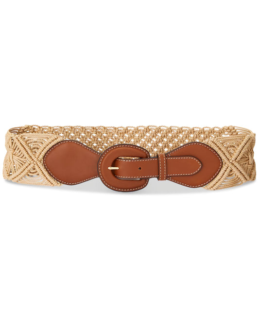 Lauren Ralph Lauren Leather-Trim Corded Macramé Wide Belt – Natural Tan – Size S