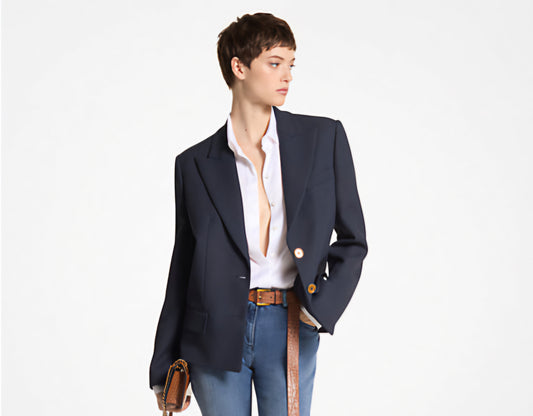 $2190 Michael Kors Women Crepe Sablé Cropped Boyfriend Jacket Dark Blue Size 2